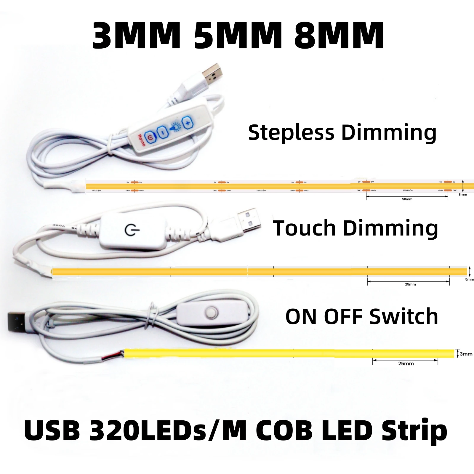 USB Stepless Dimming COB LED Strip Light 5V 320LEDs/M Touch Sensor Switch 3mm 5mm 8mm RA90 DIY Kitchen Room TV Mirror Backlight