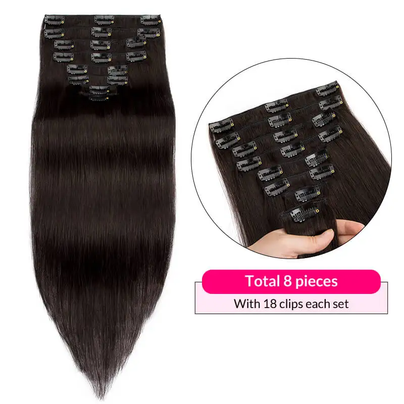 Extensiones de Cabello con Clip para mujer, cabello humano liso, cabeza completa, 100% Remy, multicolor, 12-24 pulgadas, 8 unidades por juego