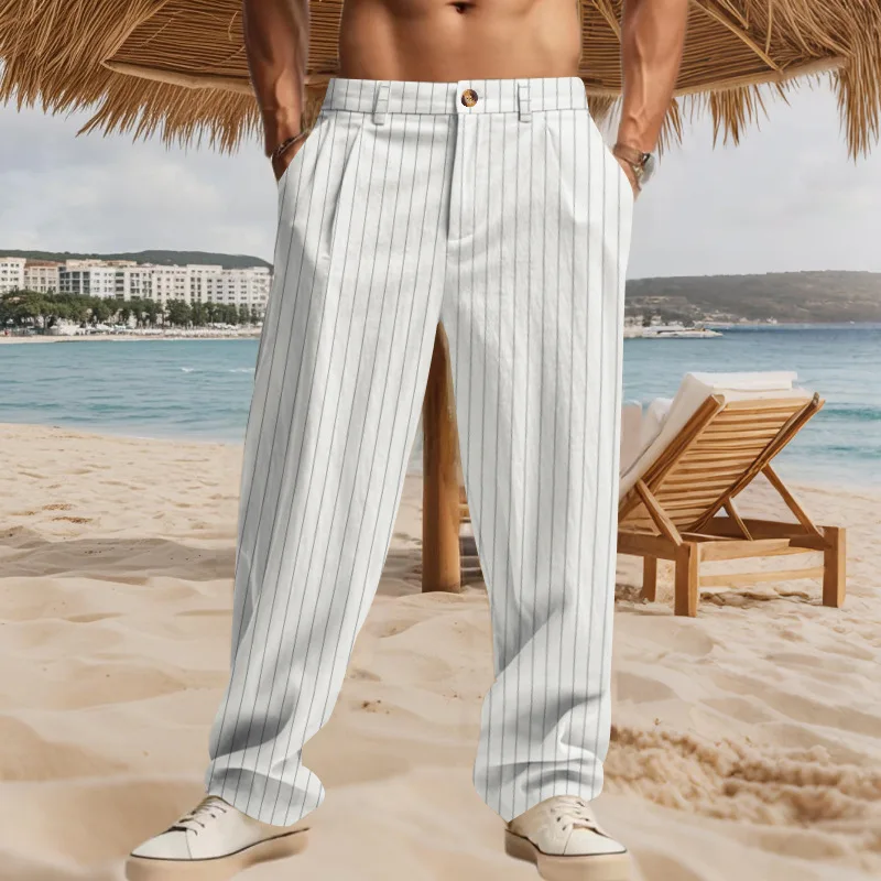Men's Striped Wide Leg Dress Pants High Waist Pleated Casual Trousers