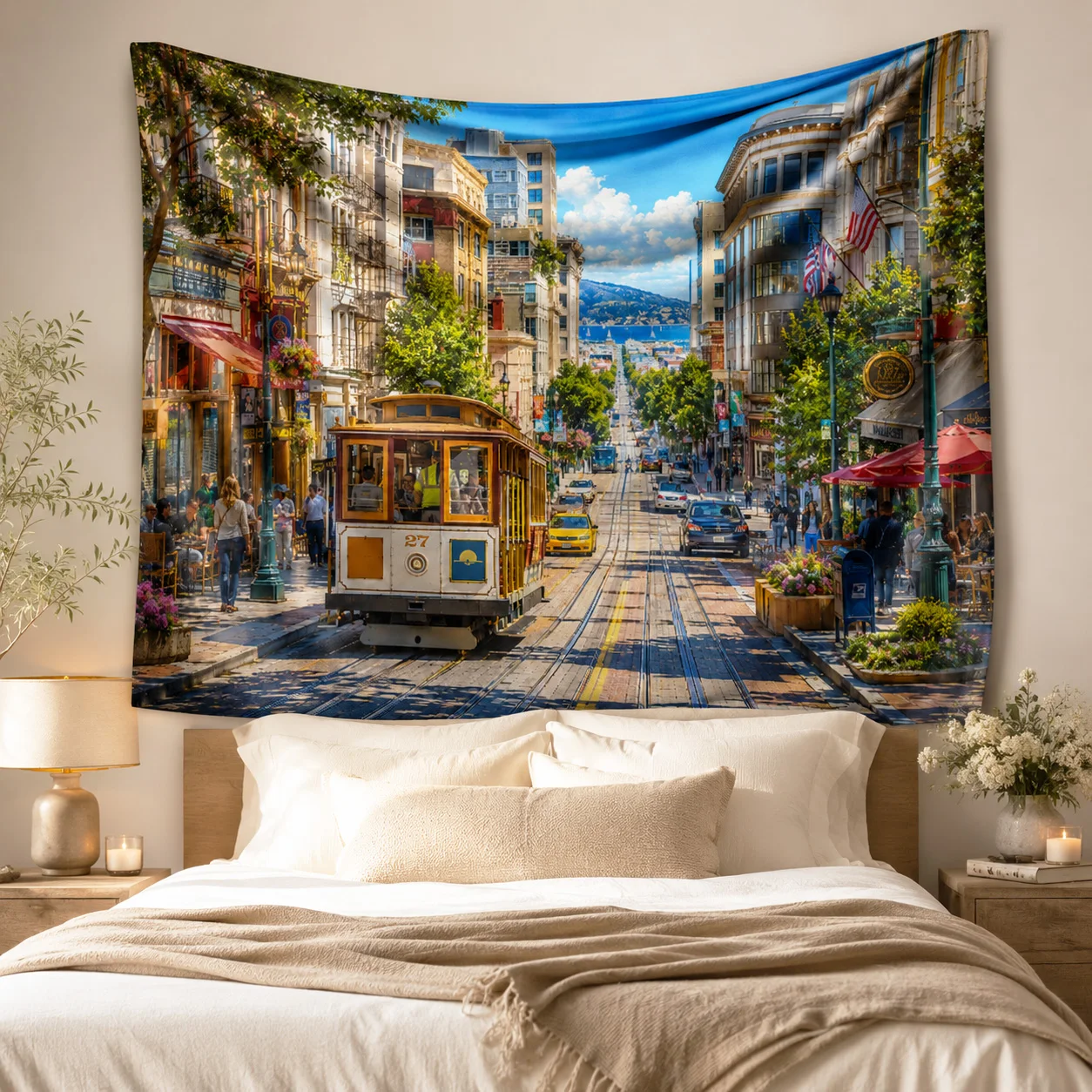 Yellow Cable Car Landscape Tapestry Wall Hanging Large City View Tapestries Aesthetic Room Decor for Living Room Bedroom