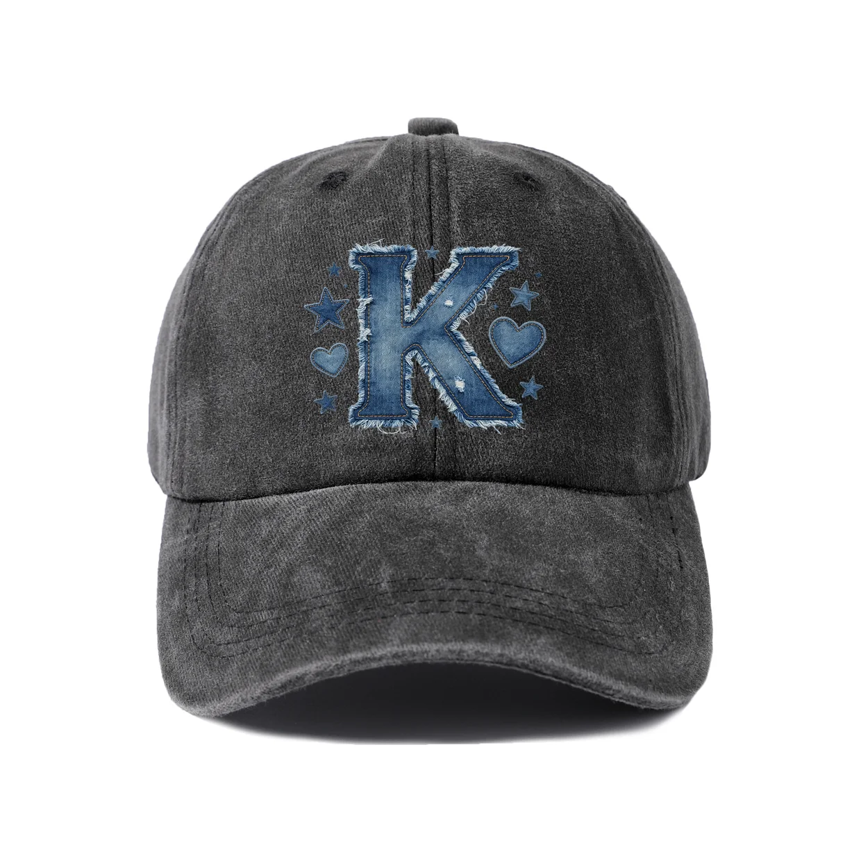 Letter K with Hearts and Stars Graphic Vintage Washed Baseball Cap, Adjustable Unisex Dad Hat, Weekend Gift