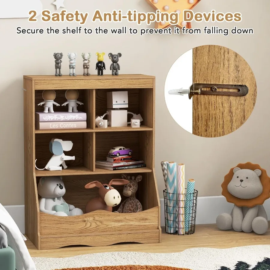 Organizer na zabawki z drewna z regałem i półką ekspozycyjną do pokoju dziecięcego, przedszkola lub garderoby, szafka z 4 przegródkami z naturalnego drewna.