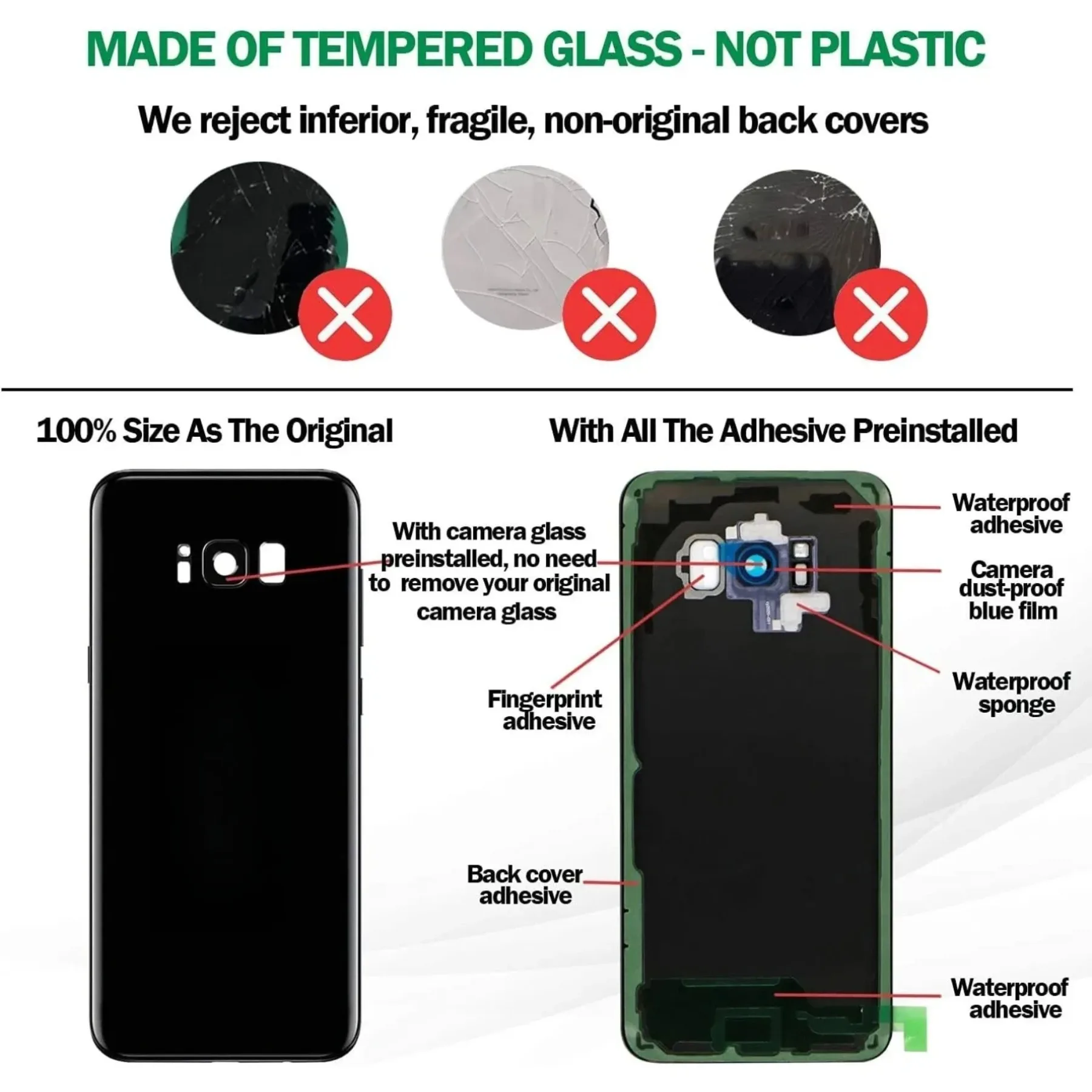 S8 Midnight Black Back Glass Kit – No Logo, Camera Lens, Adhesive, Tools & Manual, Fits SM-G950