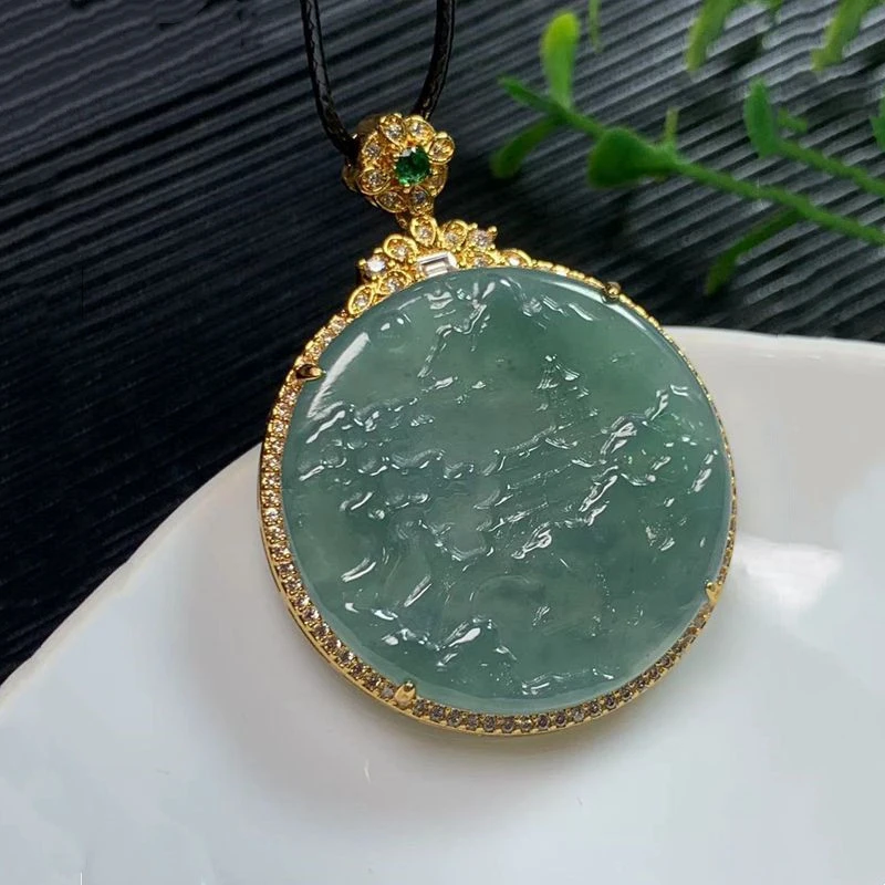 

Natural Pendant Landscape Motif, Copper-Encased Necklace, Ornament, Comes with Jadeite A-Grade Certificate