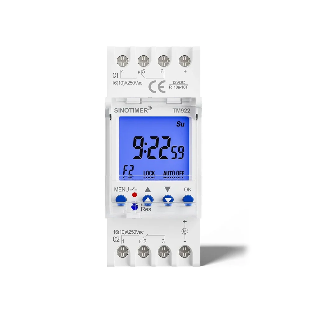 SINOTIMER TM922 2-kanałowy Programowalny 24-godzinny Zegar z Przedziałem Sekundowym Cyfrowy Wyłącznik Czasowy na Szynę DIN 7-dniowy Przekaźnik Czasowy G488