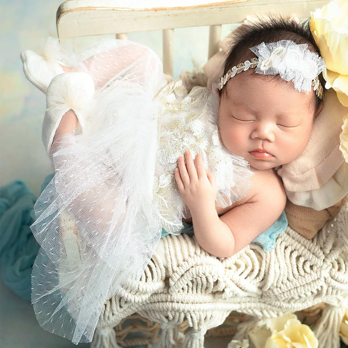 Ylsteed 3 Pieces Set Knit Newborn Photo Shooting Outfits White Embroidery Baby Photo Props Mesh Romper with Mini Shoes Headband