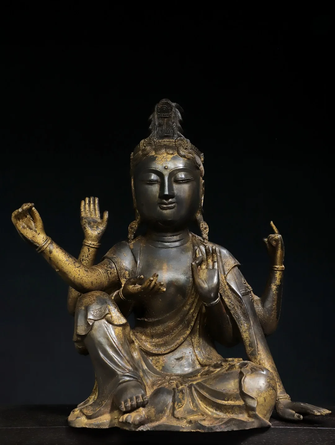 

20"Tibetan Temple Collection Old Bronze Gilded Cinnabar Mud gold Six armed Guanyin sitting Buddha Amitabha Worship Hall