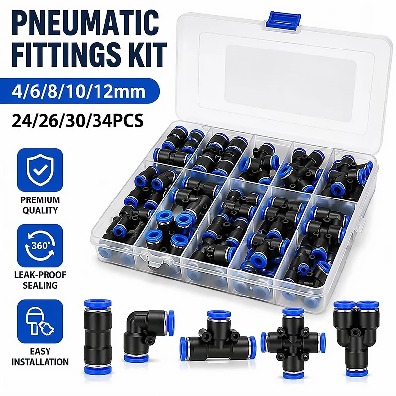 Straight Elbow Tee Y Cross Pneumatic Push In Fittings Kit 4 6 8 10 12mm Air Hose Tube Quick Release Connectors Storage Box