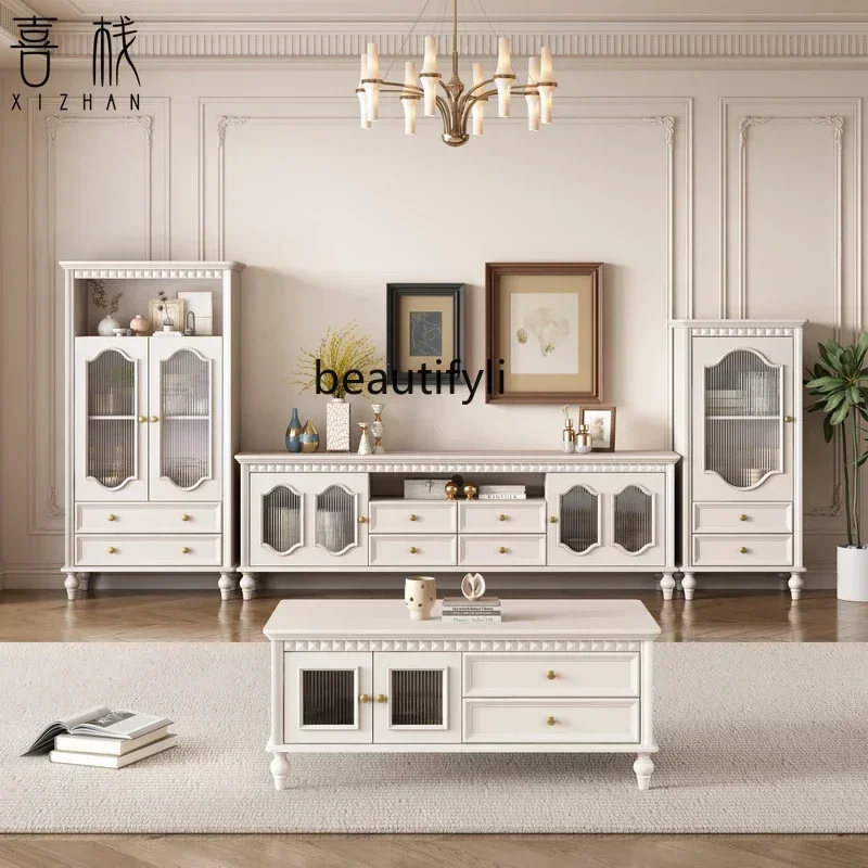 X  0RLiving room French cream wind white TV cabinet household small apartment solid wood retro American locker coffee table R