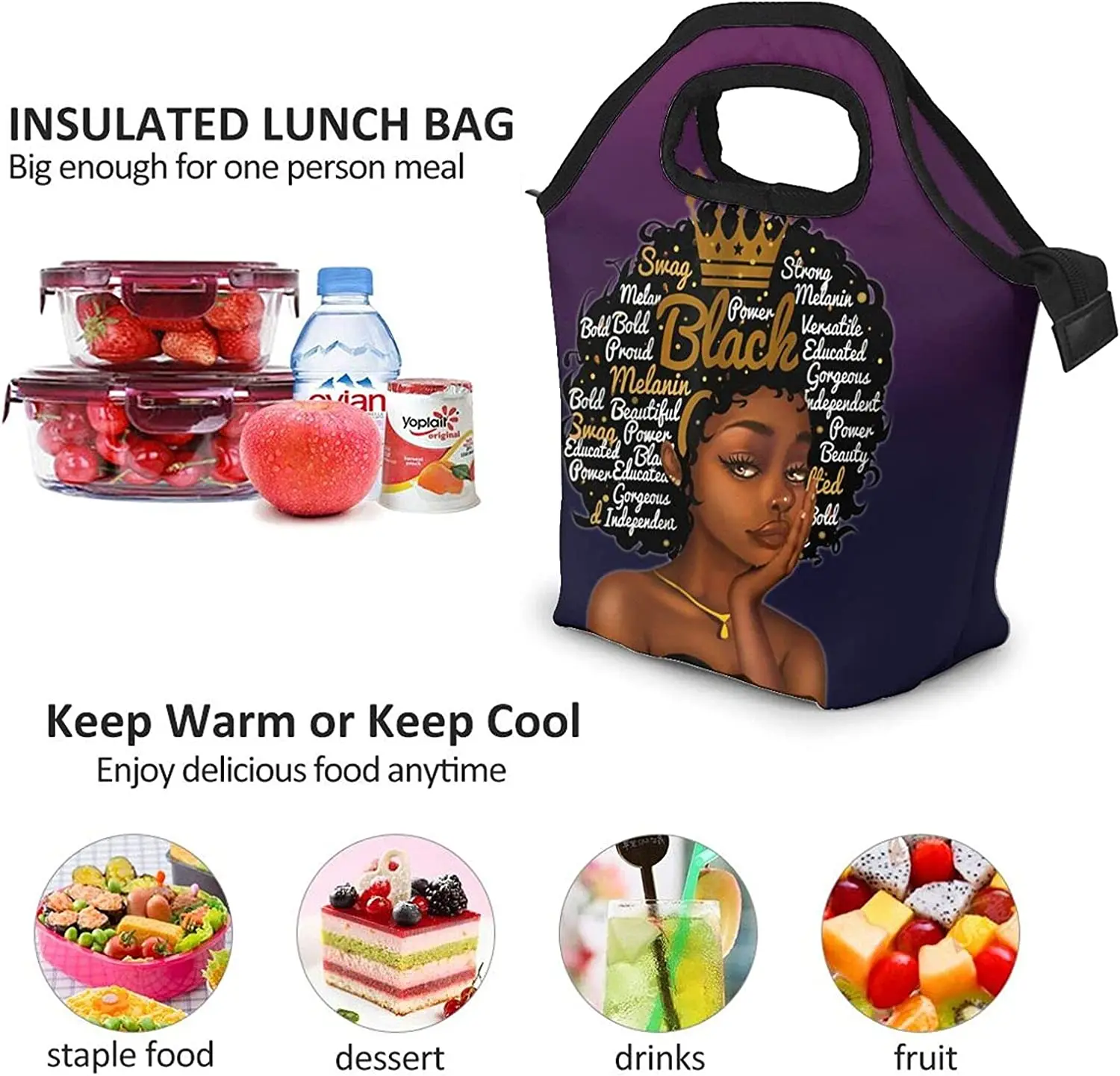 African American Women Thermal Lunch Bag Afro Girl Handbag Lunch Kit Insulated Cooler Box Reusable for Travel Picnic Work School