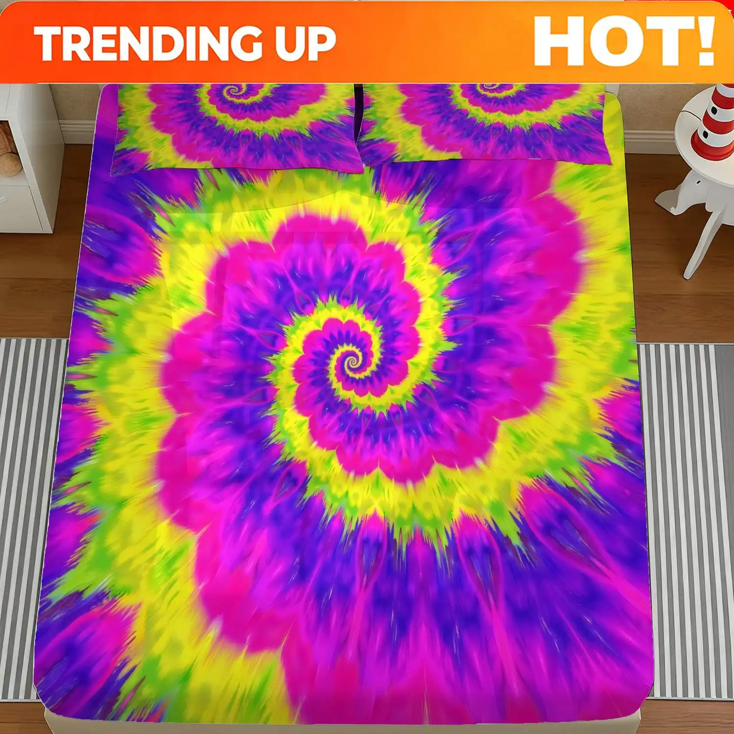 Customize 2/3pcs 2D Flat Printing Fitted Sheet, Hippie Style, Psychedelic Theme Bedding, Purple Pink Yellow, Swirl Spiral Tie-Dy