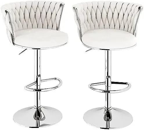 Velvet Bar Stools Set of 2, Modern Swivel Bar Chairs with Adjustable Height, Upholstered Kitchen Island Chairs, Beige