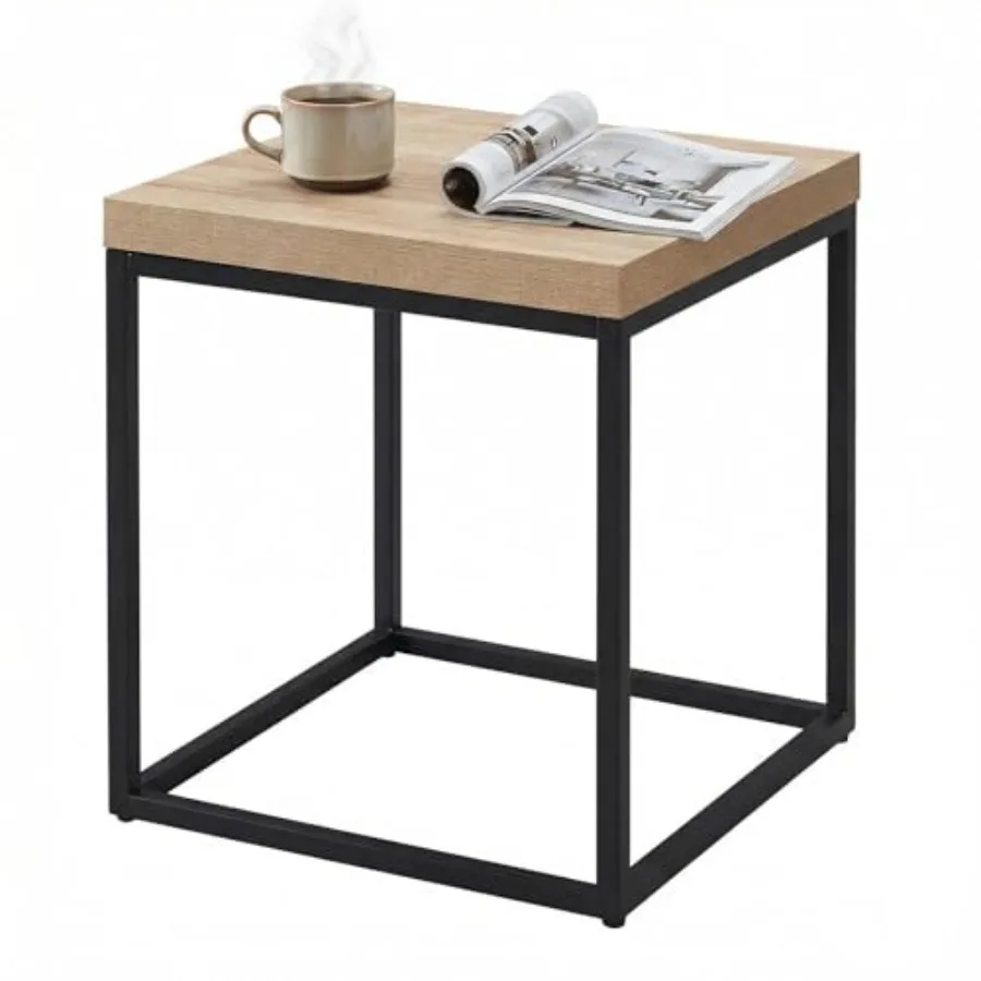 

18-Inch Accent End Table/Side Table for Living Room Modern Industrial Square Metal and Wood Natural Wood