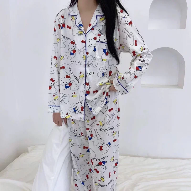 Sanrio Hello Kitty Autumn Cotton Women\'s Pajamas Long Sleeves Pants Two-piece Cartoon Loungewear Casual Silk Pajamas Women