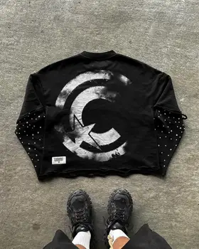 Hip Hop Goth Brief Muster Doppel Schicht Lange Ärmeln Grafik T Shirts Harajuku Retro Hot Diamond Übergroßen Sweatshirt Tops