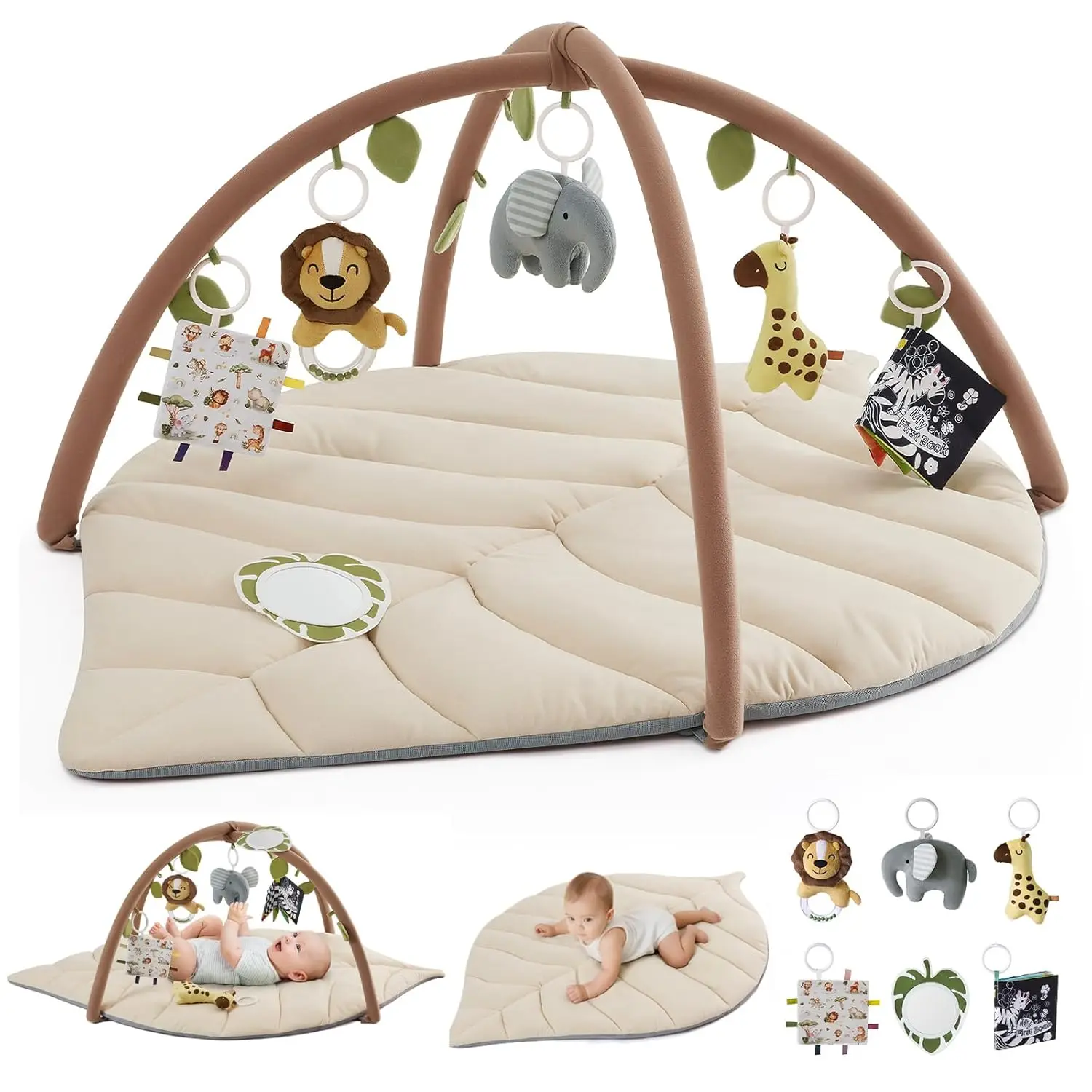 Baby Play Gym & Activity Mat, Leaf Shaped Baby Tummy Time Play Mat with 6 Detachable Toys, Promotes Motor Skills & Sensory Devel