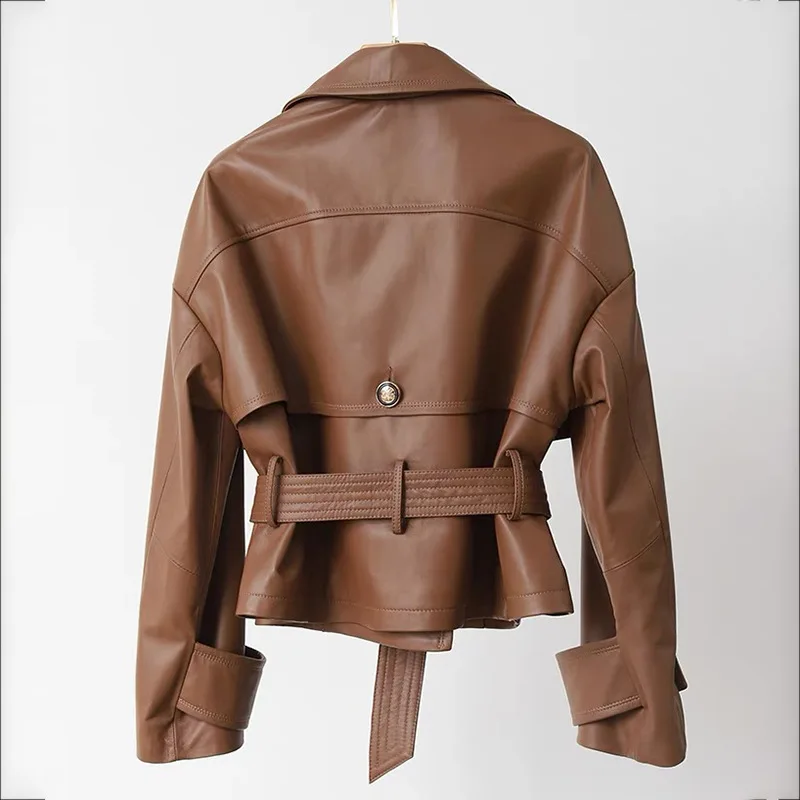 Giacca in pelle da donna Primavera Cintura doppiopetto Chiusura in vita Slim Ceket Kadın Trench corto allentato importato in pelle di pecora