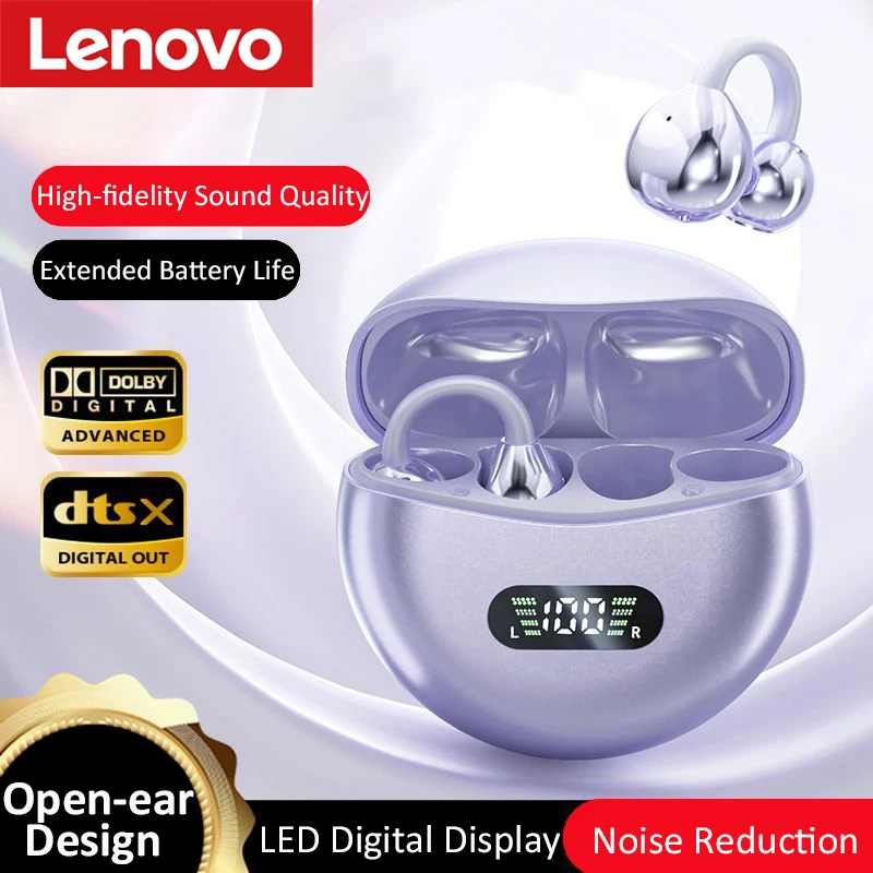 Écouteurs sans fil TWS à clipser sur l'oreille Lenovo, réduction du bruit, faible latence, affichage LED pour le sport, la course à pied et les jeux