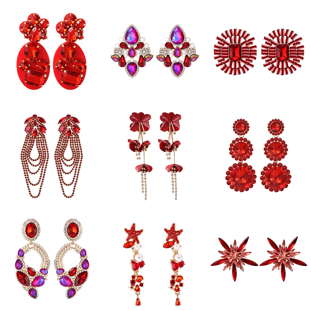 Wholesale Red Series Long Dangle Earrings For Women 2022 Trend New Luxury Design Geometric Vintage Pendant Jewelry Accessories