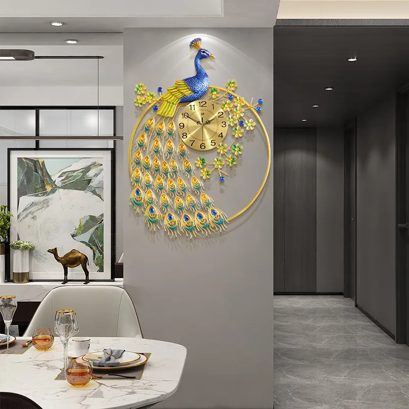 Reloj de pared creativo de pavo real, reloj artístico para decoración del hogar