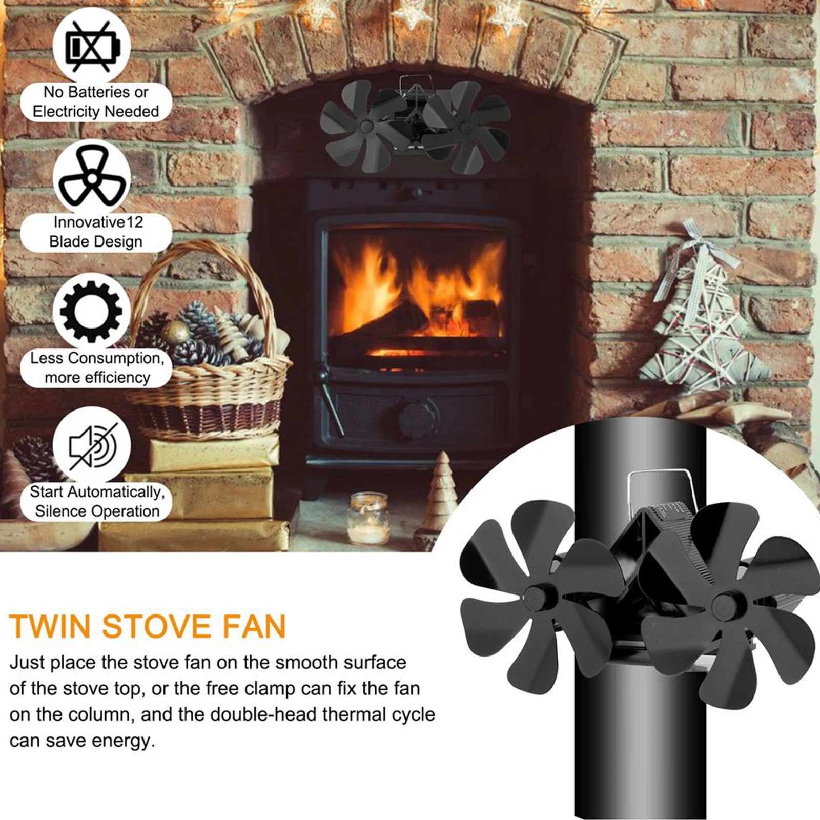 12Blades Wall-Mounted Heat Powered Stove-Fan Fireplace Fan Double Head 12 Blade Furnace Fan Wall Mounted Unpowered Operation Fan