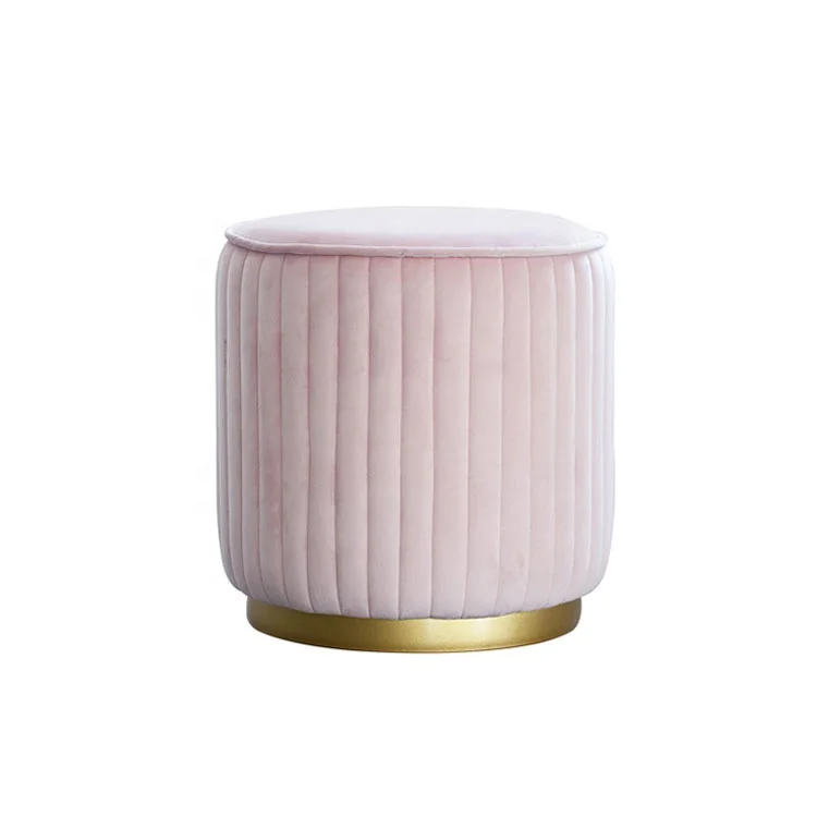 #Living room furniture gold base accent stool modern round pink stool velvet cushion gold base