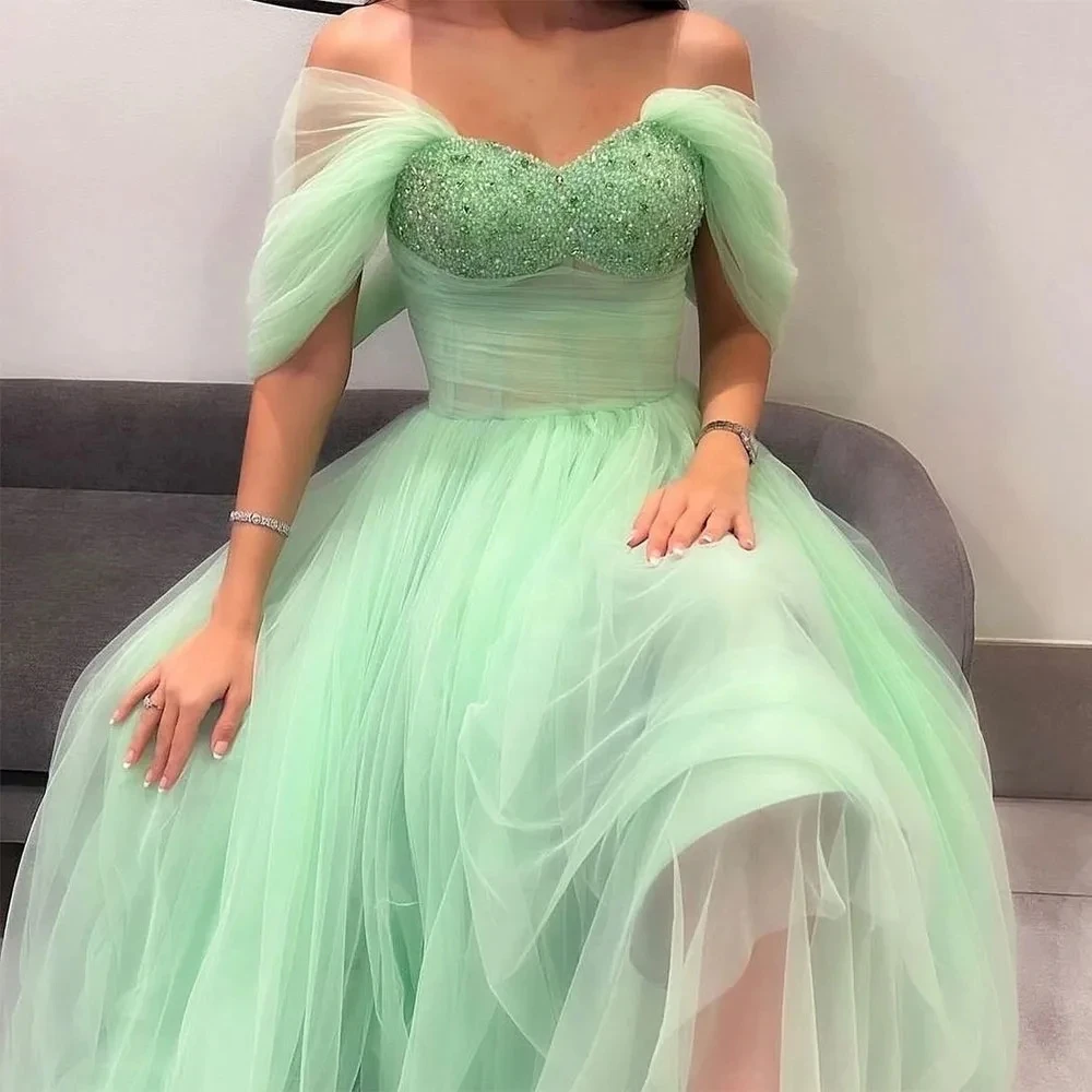 Saudi Arabic Tulle Evening Dresses Crystal Beadings Off the Shoulder Tea-Length A-Line Prom Dress Party Gown 2023CL-458