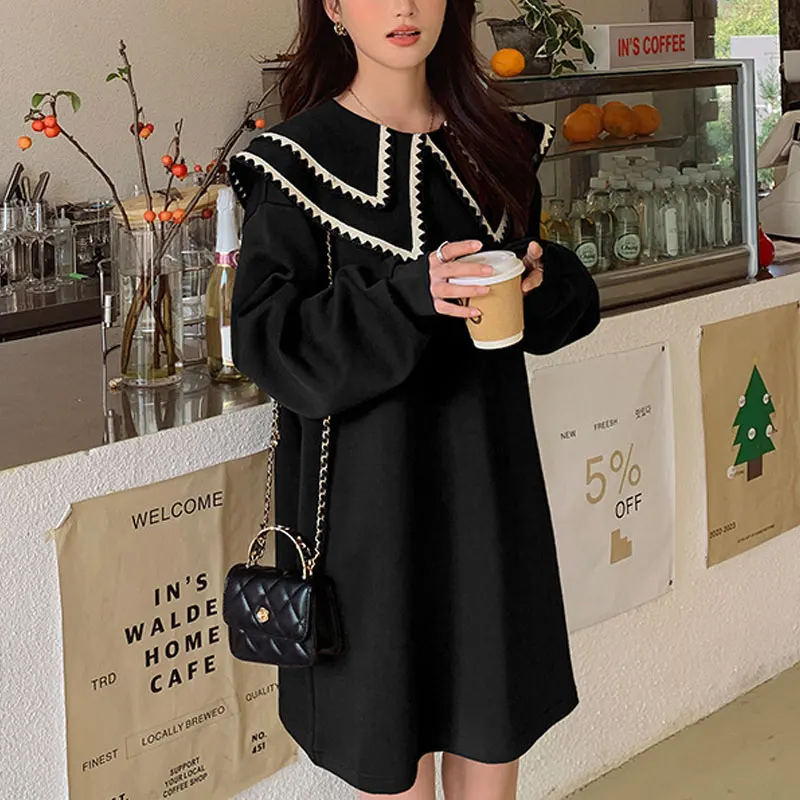 Vintage Doll Collar Loose Dresses 2024 Spring Autumn Casual Solid Color Women's Clothing Long Sleeve Korean Straight Midi Dress