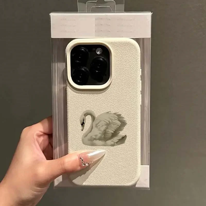 Funda de teléfono con patrón de cuero Lichee de cisne blanco elegante para Oppo Reno14 Reno13 Reno12 Reno11 Reno10 Reno8 Reno7 T F Z Pro 4G 5G