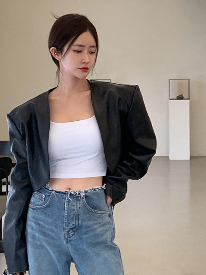 

Spring 2026 Chic ort Bla Leather Jaet Women's Sle Hong Kong Vintage Design Slimming Sensation Coat Long Sve PU Lea...