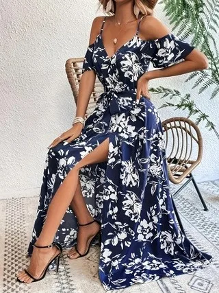 Sommerkleidung für Damen, V-Ausschnitt, Blumenmuster, Freizeitkleidung, elegantes Partykleid für Damen, Polyester-Maxikleid mit elastischer Taille