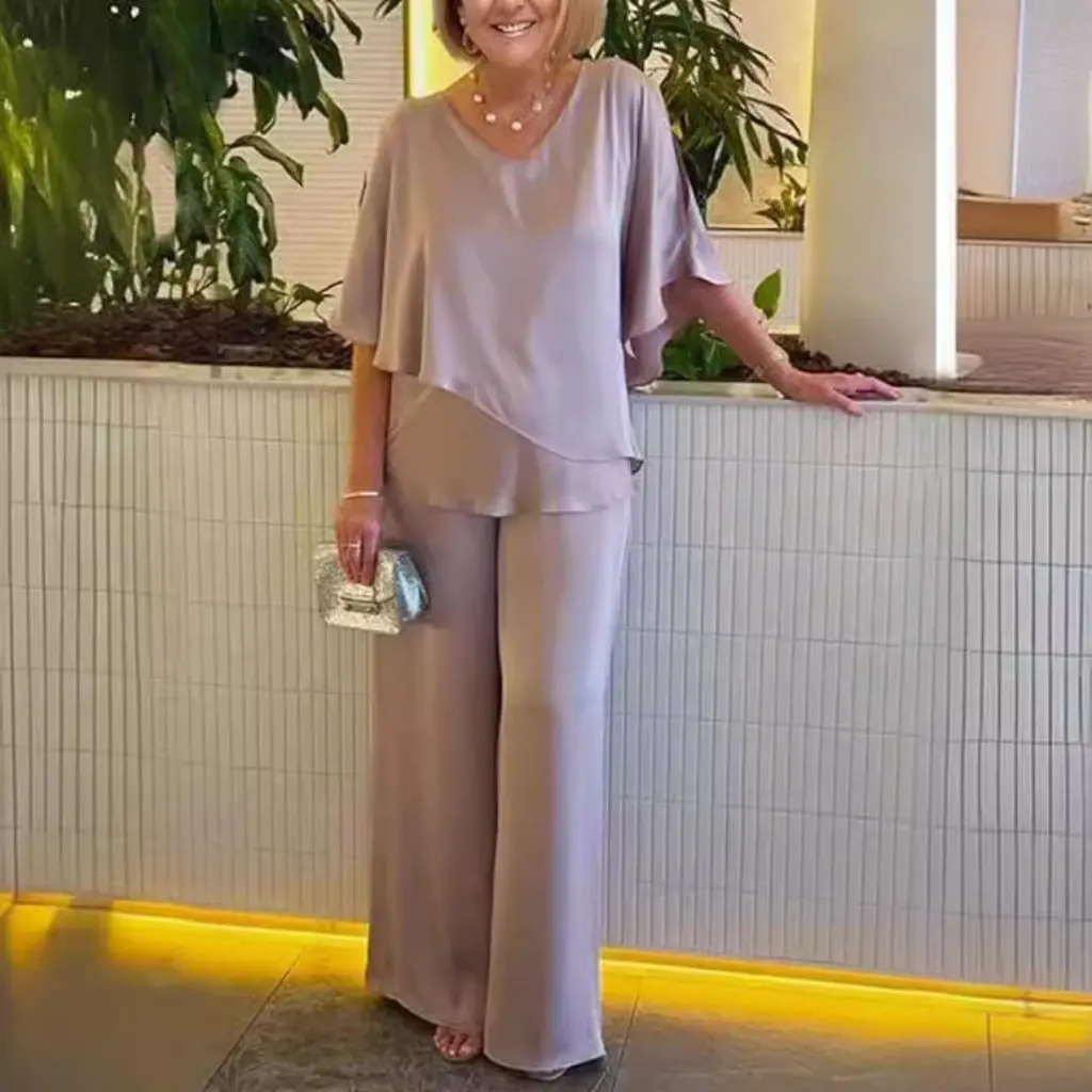 

Solid Color V-neck plus Size Suit Europe And US Style Irregular Hem Leisure Ensemble for Women