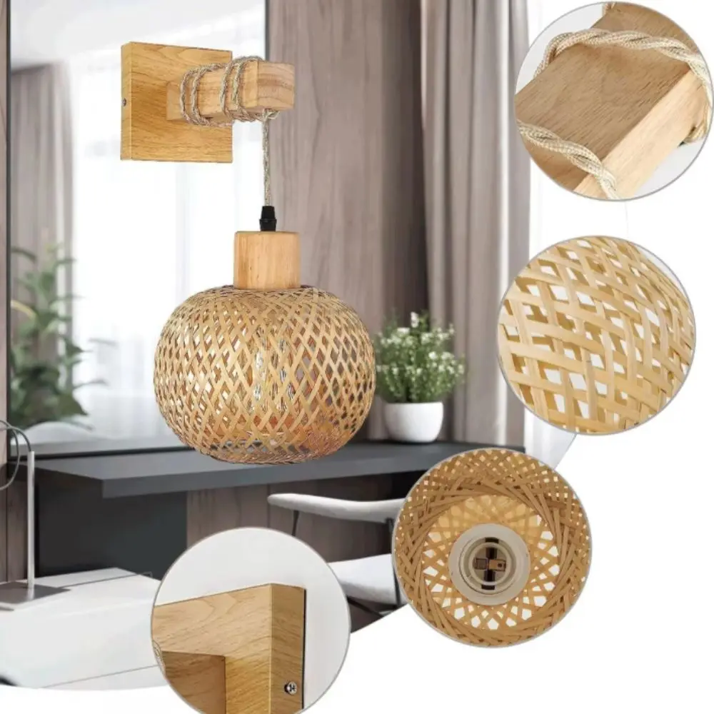 Natural Rattan Bamboo Lantern Wall Lamp Retro Style Hand-Woven Rattan Wicker Chandeliers Creative Design