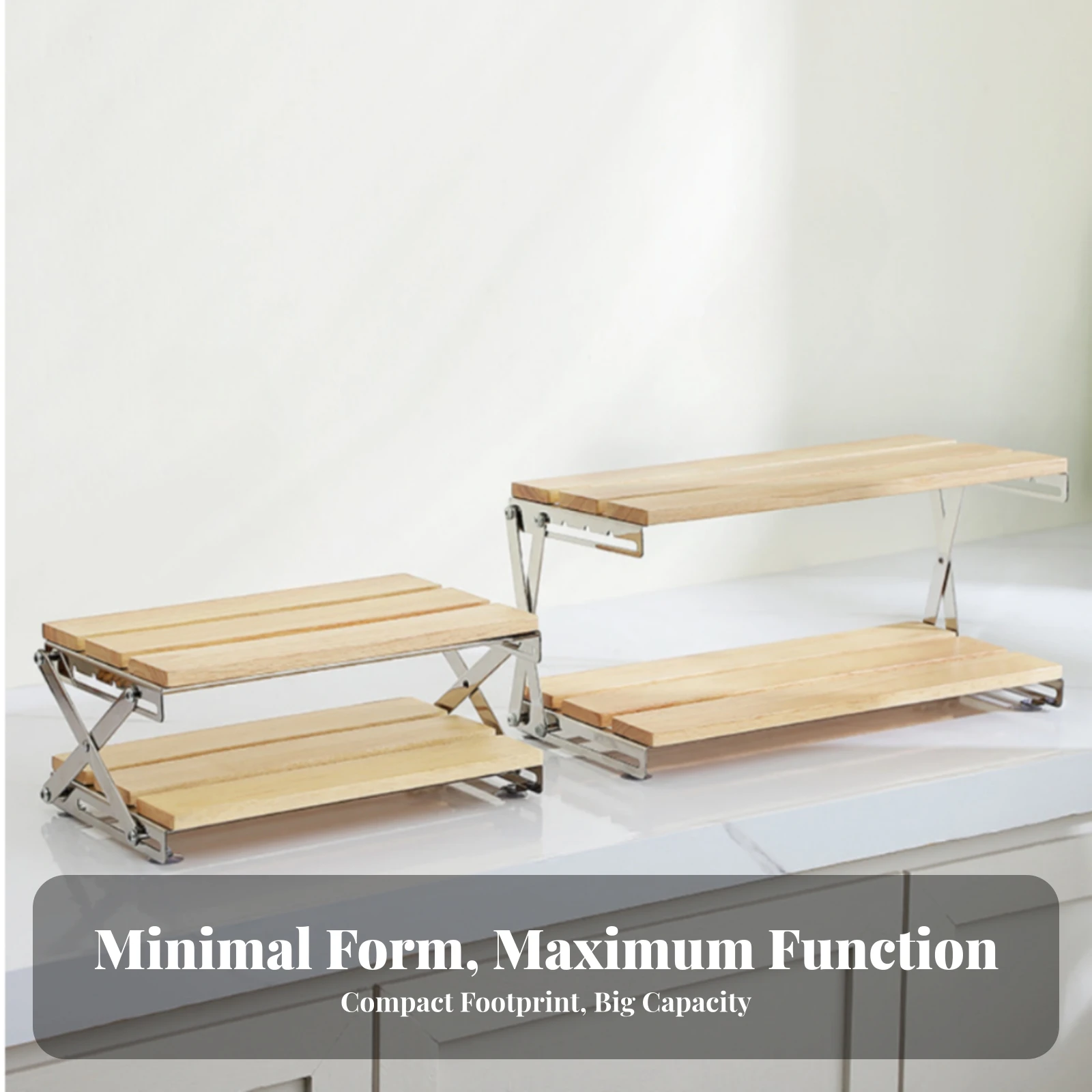 Two-Tier Countertop Storage Rack Compact Two-Level Tabletop Storage Shelf Wire Frame Shelf with Wooden Board Multi-Functional
