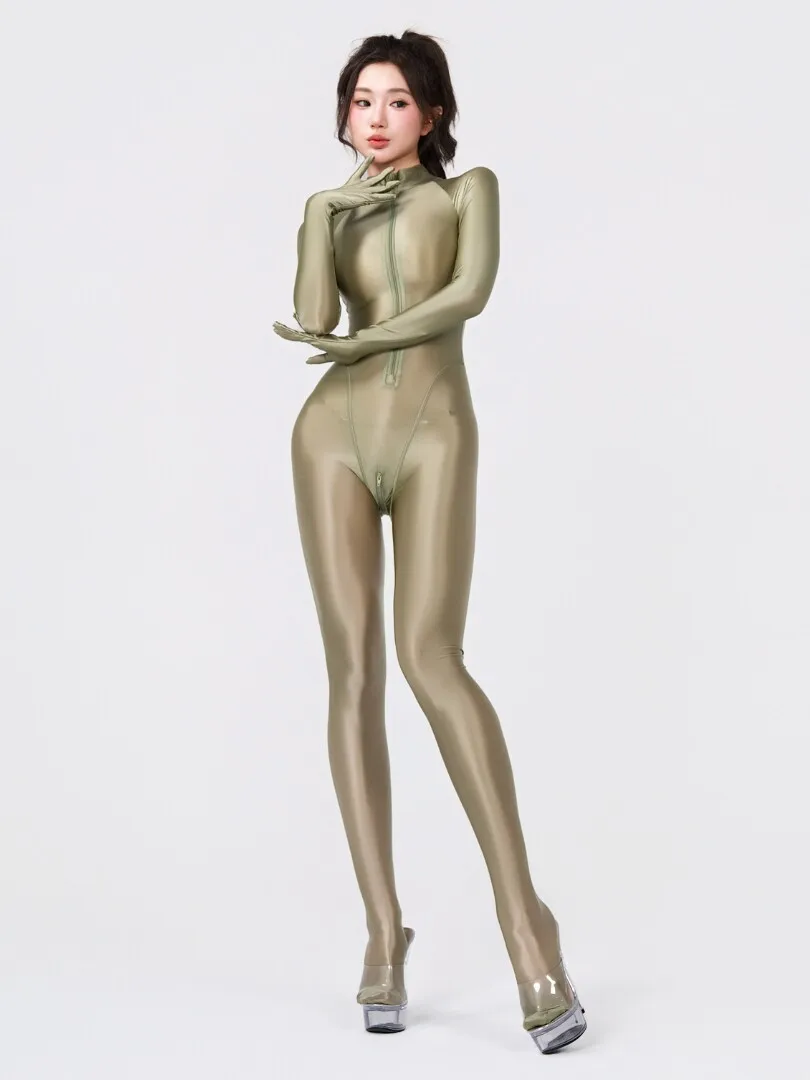 

Invisible Zipper Glossy Women One-piece Gloves Jumpsuit Sexy Open Crotch Wrap Foot Playsuit Rompers Overalls