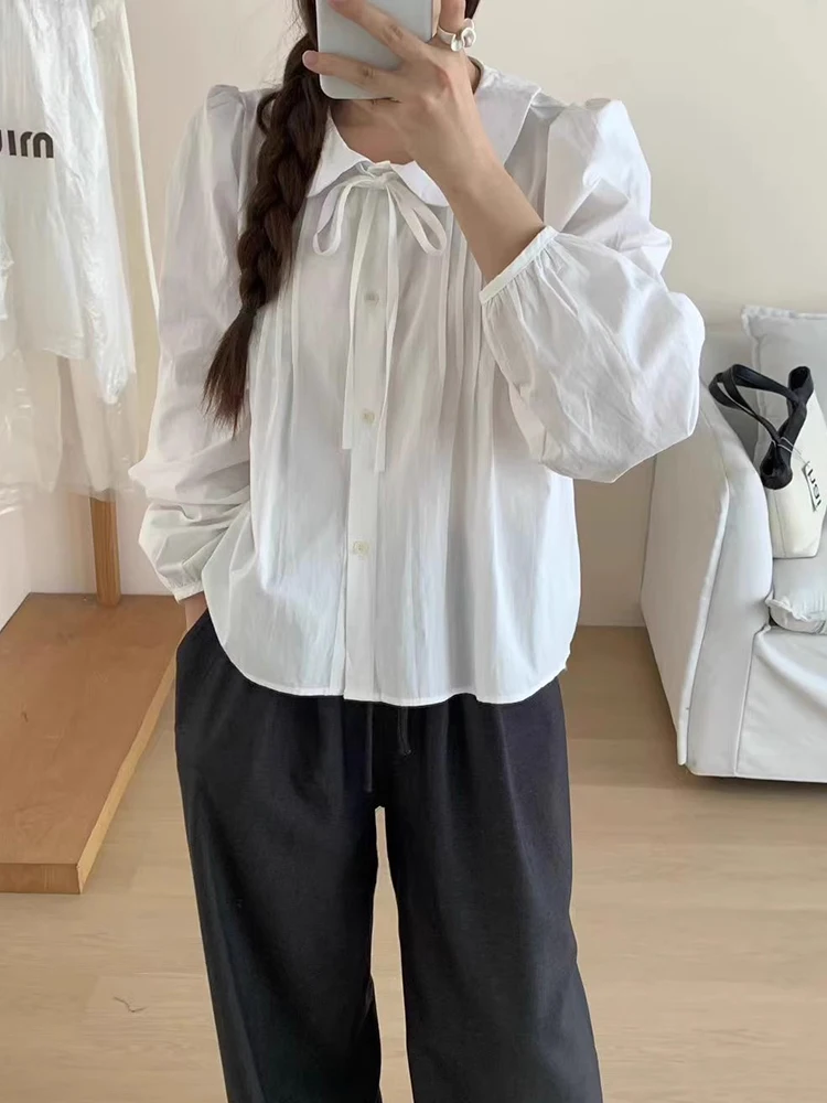 

Chic Autumn New Sle Gentle Anti-Aging Doll Collar Bow Tie Pleated Loose Long Sve Doll irt for Women Commute Korean Sle