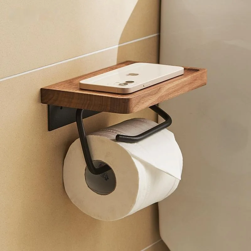 No Drill Toilet Paper Holder Wood Shelf Adhesive Wall Mounted Tissue Box Roll Sheet Walnut Beech Finish Bathroom Rack