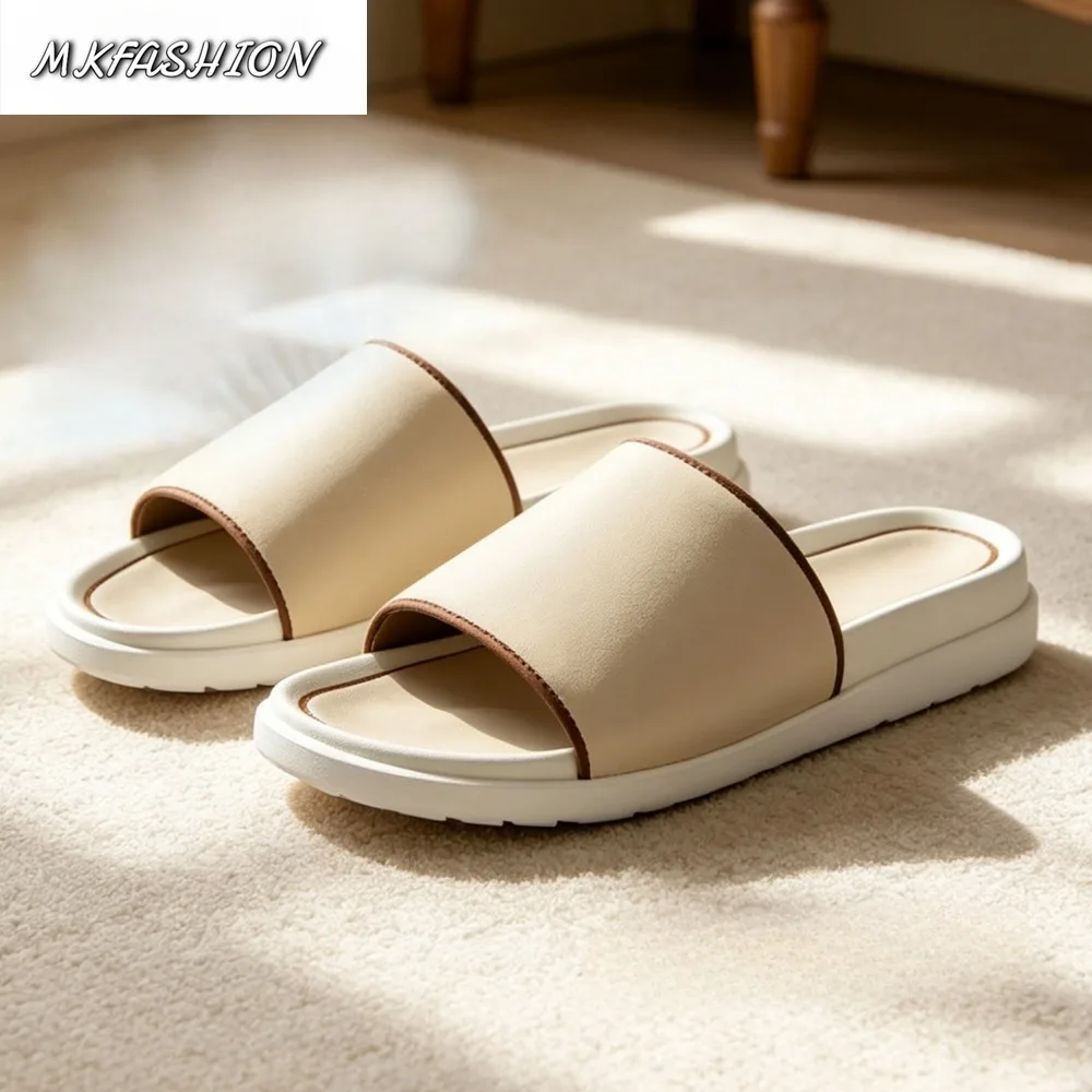 Men's Cowhide Leather Breathable Soft Rubber-Soled Slippers Slip On Flats Slides Casual Shoes
