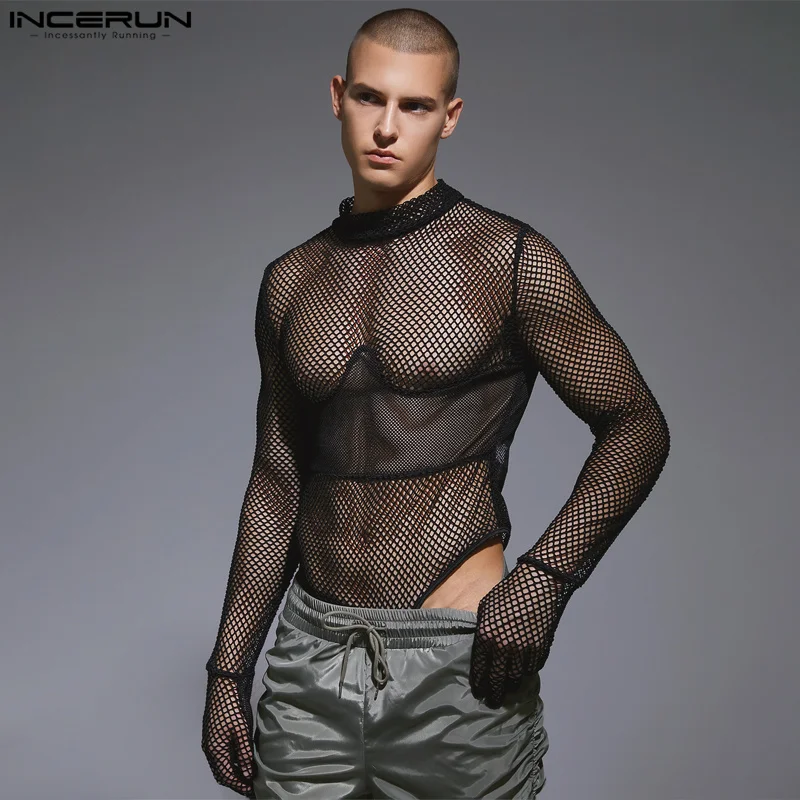 INCERUN 2023 Sexy Men\'s Jumpsuits Mesh Panel Elastic Half High Neck Rompers Male See-through Thimble Long Sleeve Bodysuits S-3XL