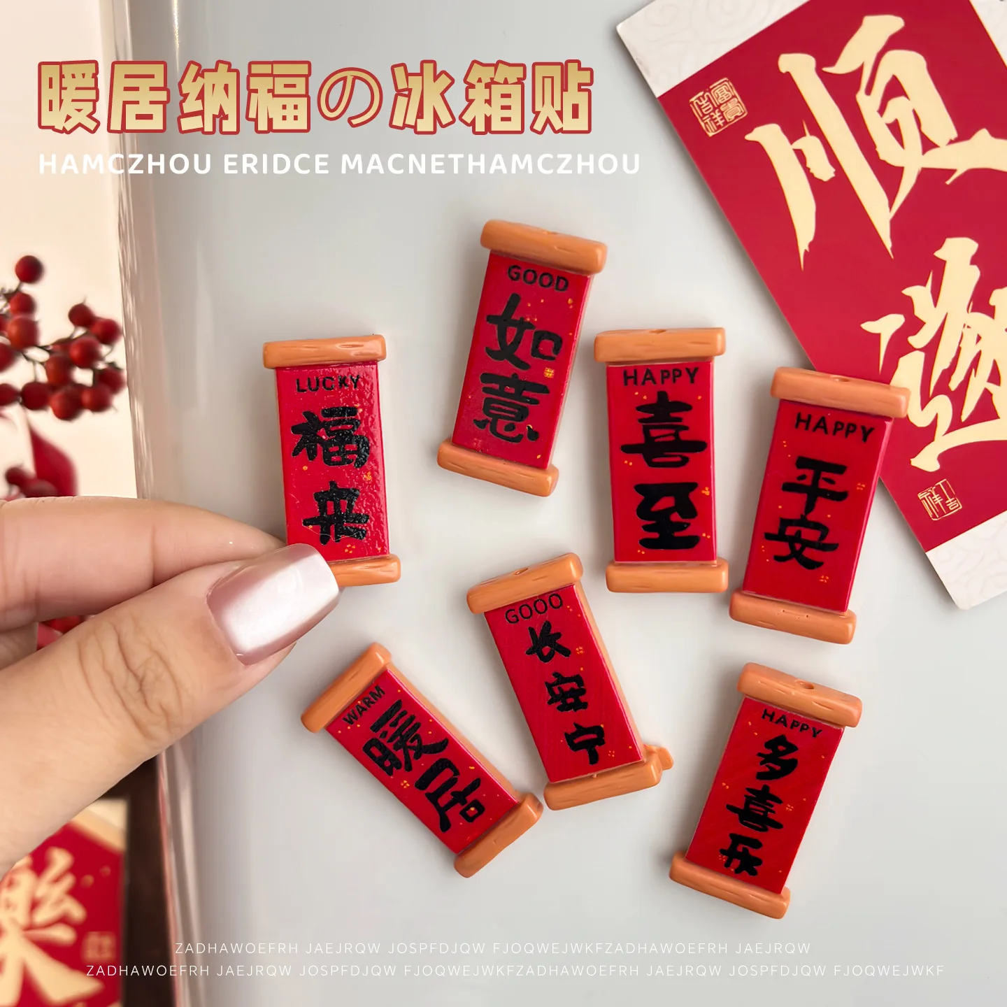 Mini Chinese Red Scroll Fridge Magnets Traditional Lucky Words Peace Fortune Resin Magnet For Fridge Cabinet HomeDecoration Gift