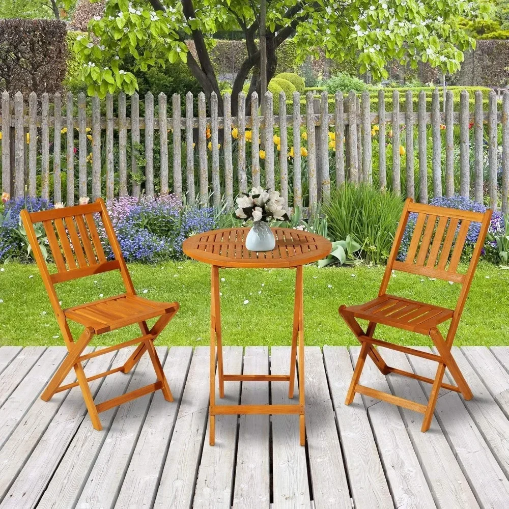 3-Piece Acacia Wood Bistro Set, Folding Patio Furniture with 2 Folding Chairs and Round Coffee Table, Teak