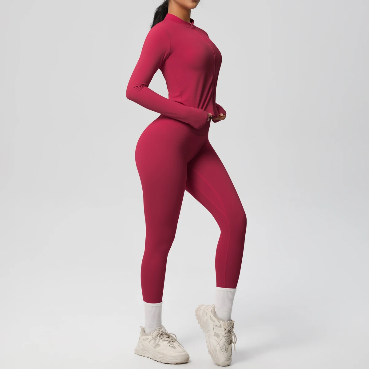 

2PCS Yoga Long Sleeved Zipper Coat Pants Set High Waisted Quick Drying Yoga Pants Gym Workout Solid Color Women Sports Yoga Set