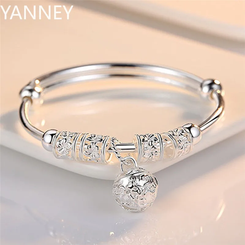 

925 Sterling Silver Fine Hollow Bells Ball Bangles Adjustable Bracelets For Women Fashion Holiday Gifts Party Wedding Jewelry