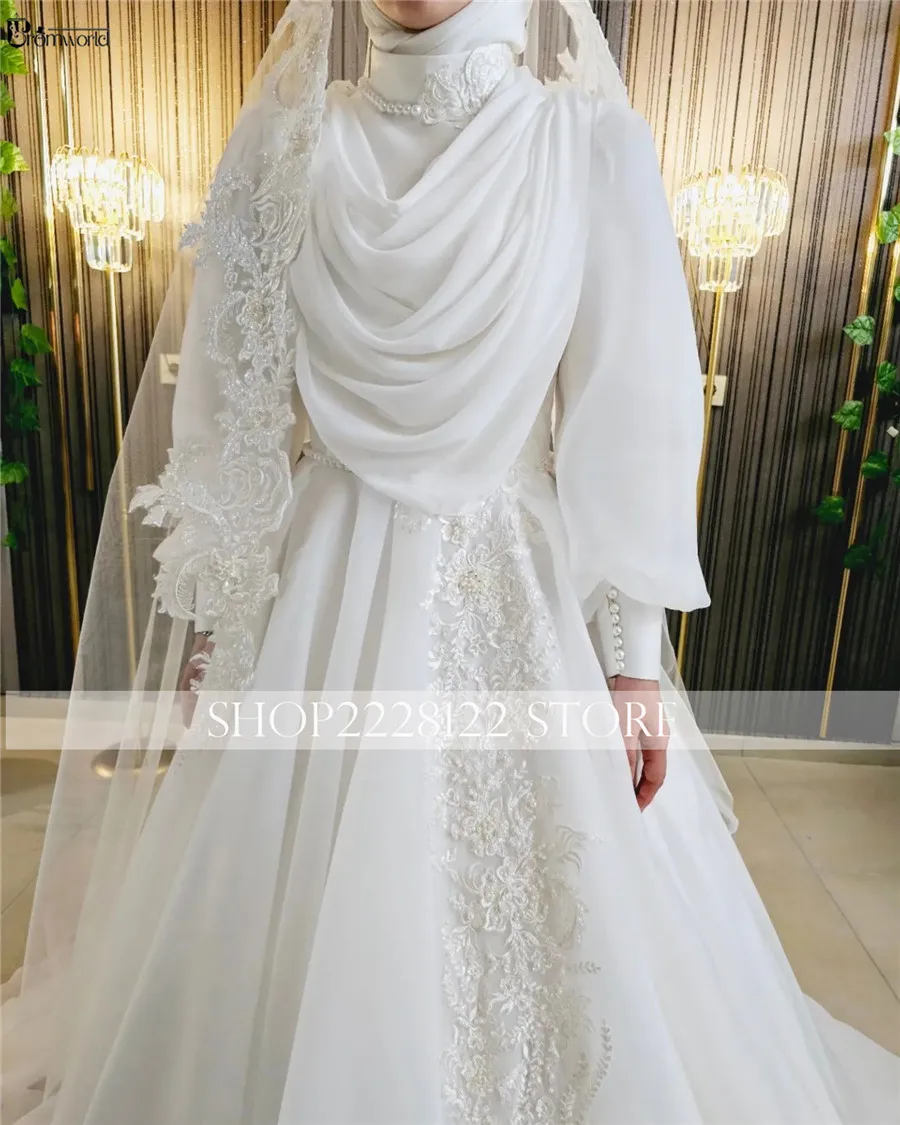 Robe de mariée musulmane à manches longues pour femmes, Hijab de mariée, patients à col haut, quelle que soit la ligne A en mousseline de soie, Vestido De CasTrio, 2024