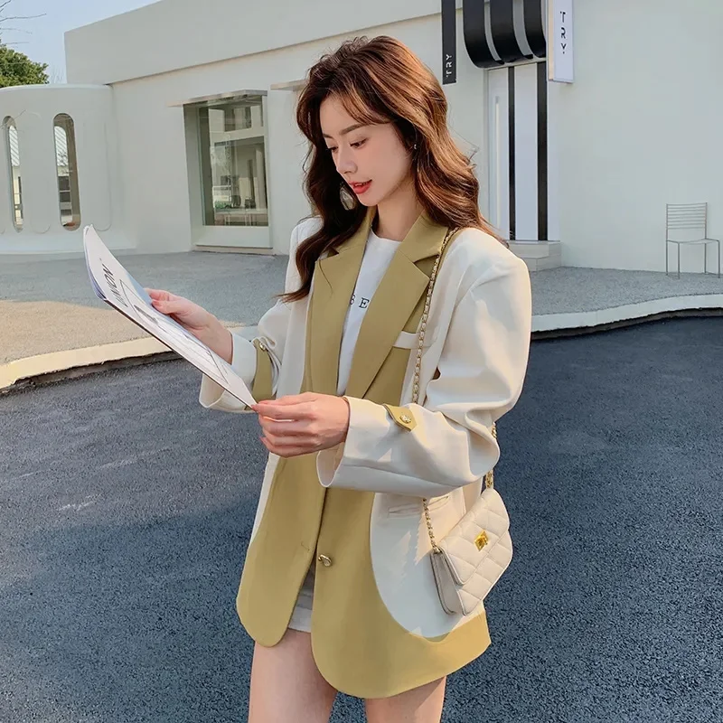 Contrast Stitching Suit Jacket Women's Spring And Autumn 2023 New Korean Fashion Loose High-Grade Blazer Fake Two Pieces Top