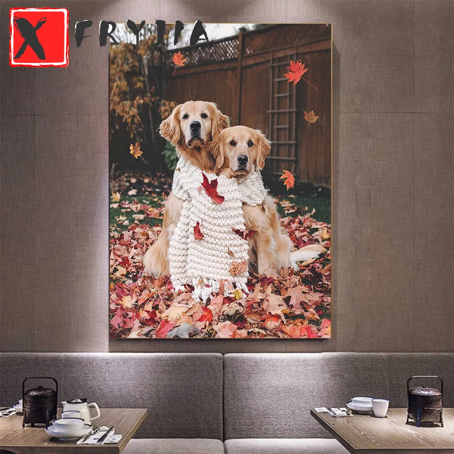 Diamond Painting Two golden retrievers wear a scarf together Full Square Round Diamond Cross Stitch icon gift Home Decor mosaic