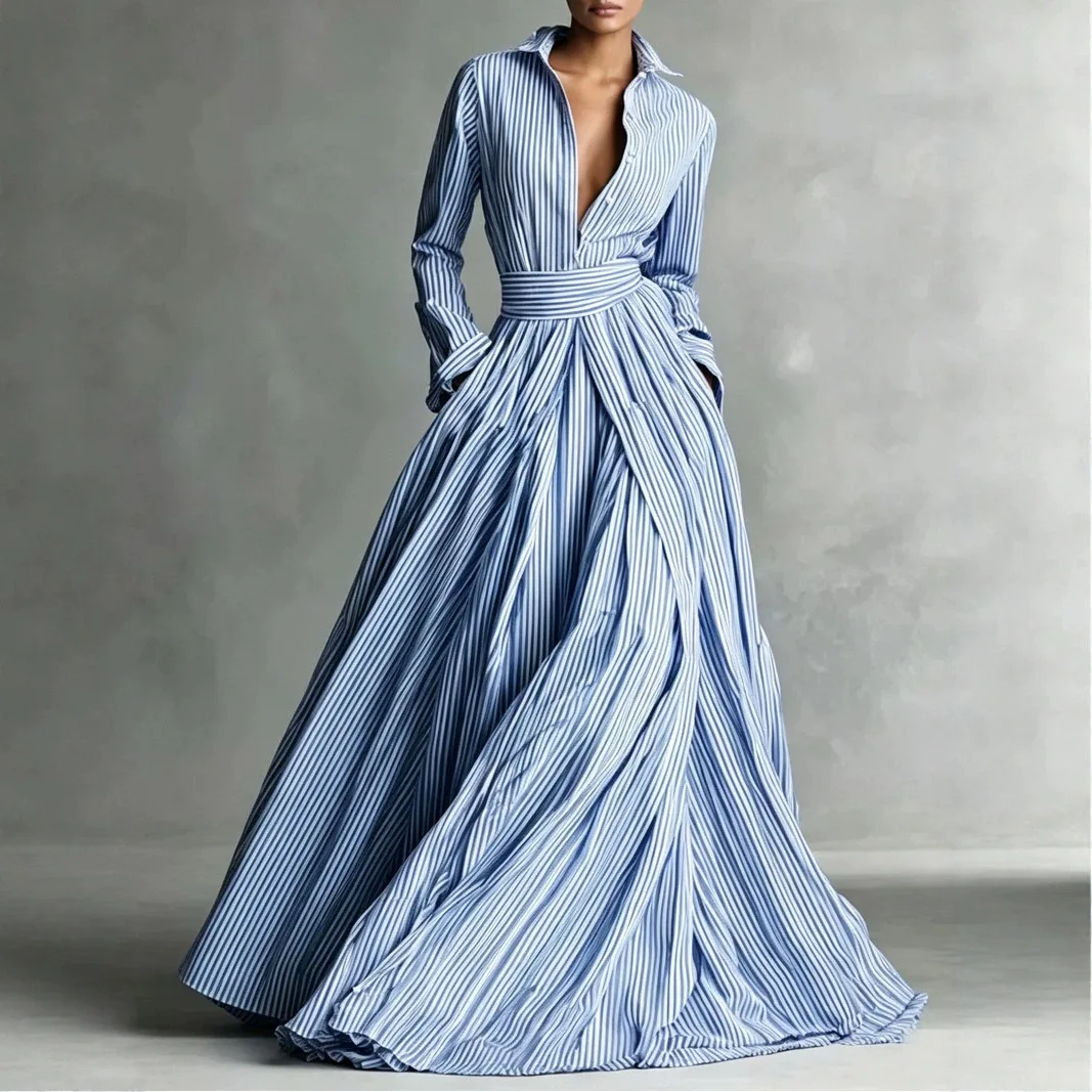 Women's Dress Autumn And Winter New European And American, Women's Striped Front Open Placket Long Stand-up Collar High Waist Lo