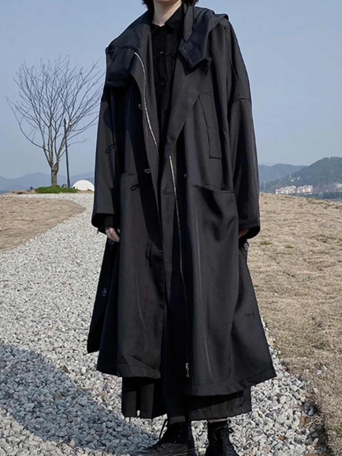 Street Style Oversized Hooded Coat Unisex Long Length Spring 2023 Fashion Trend Dark Decomposition Small Audience
