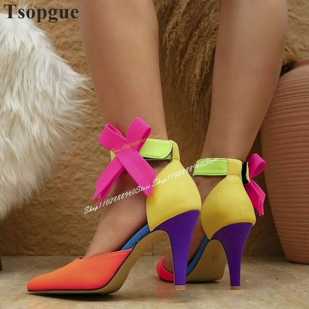 

Trendy Candy Color Bowknot Sandals Thin High Heel Women Shoes Ankle Hook Strap Pointed Toe 2024 Fashion Zapatos Para Mujere