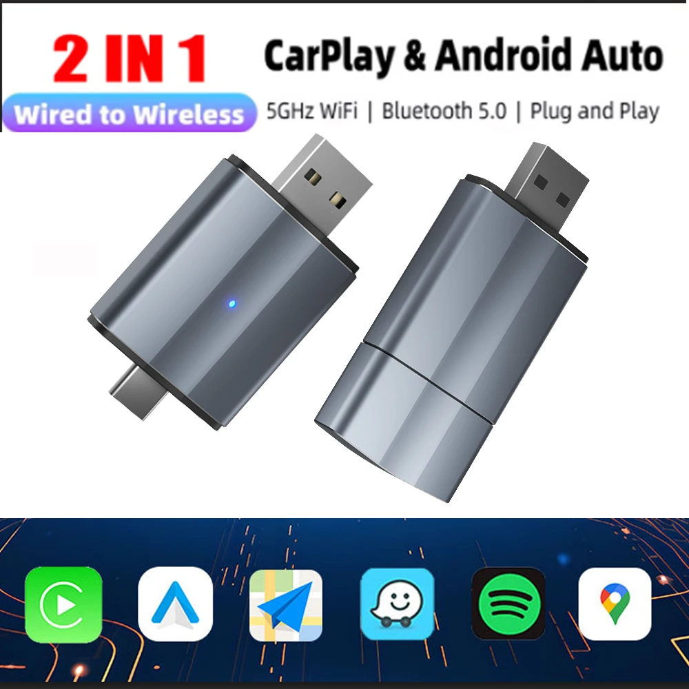 

BT5.0 2 in 1 Wireless Box Smart Dongle Adapter Type-C/USB Plug & Play Wireless CarPlay Android Auto 5.8Ghz WiFi For Android Auto